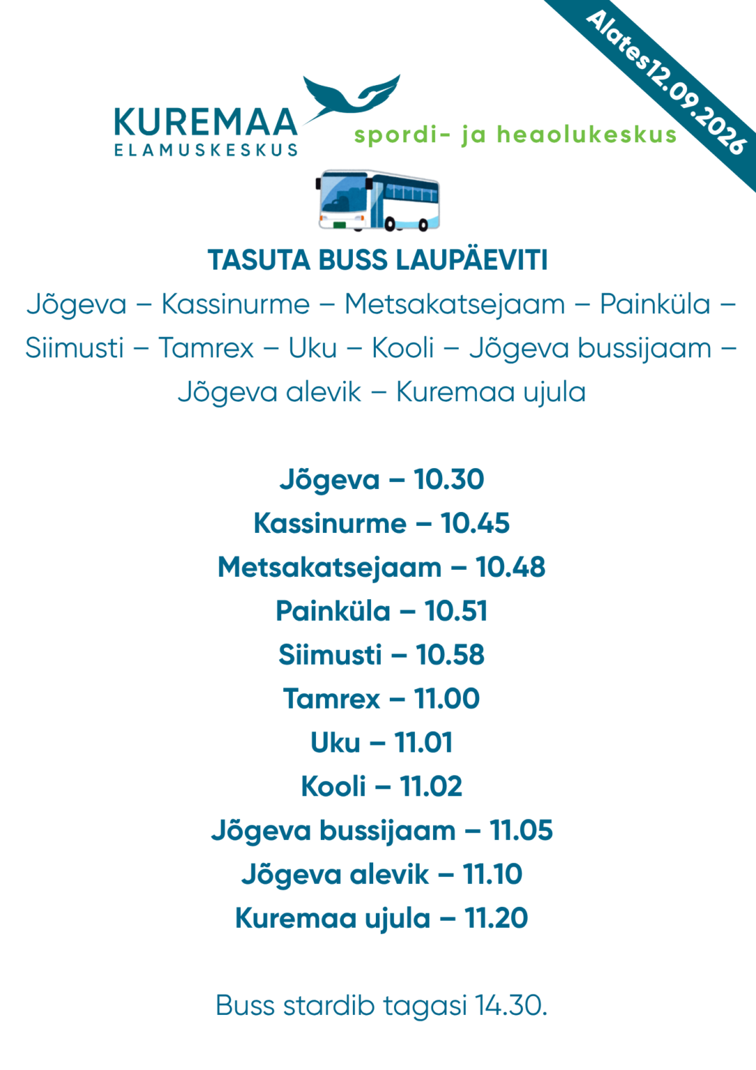 Tasuta Kuremaa ujula buss laupäeviti 2026