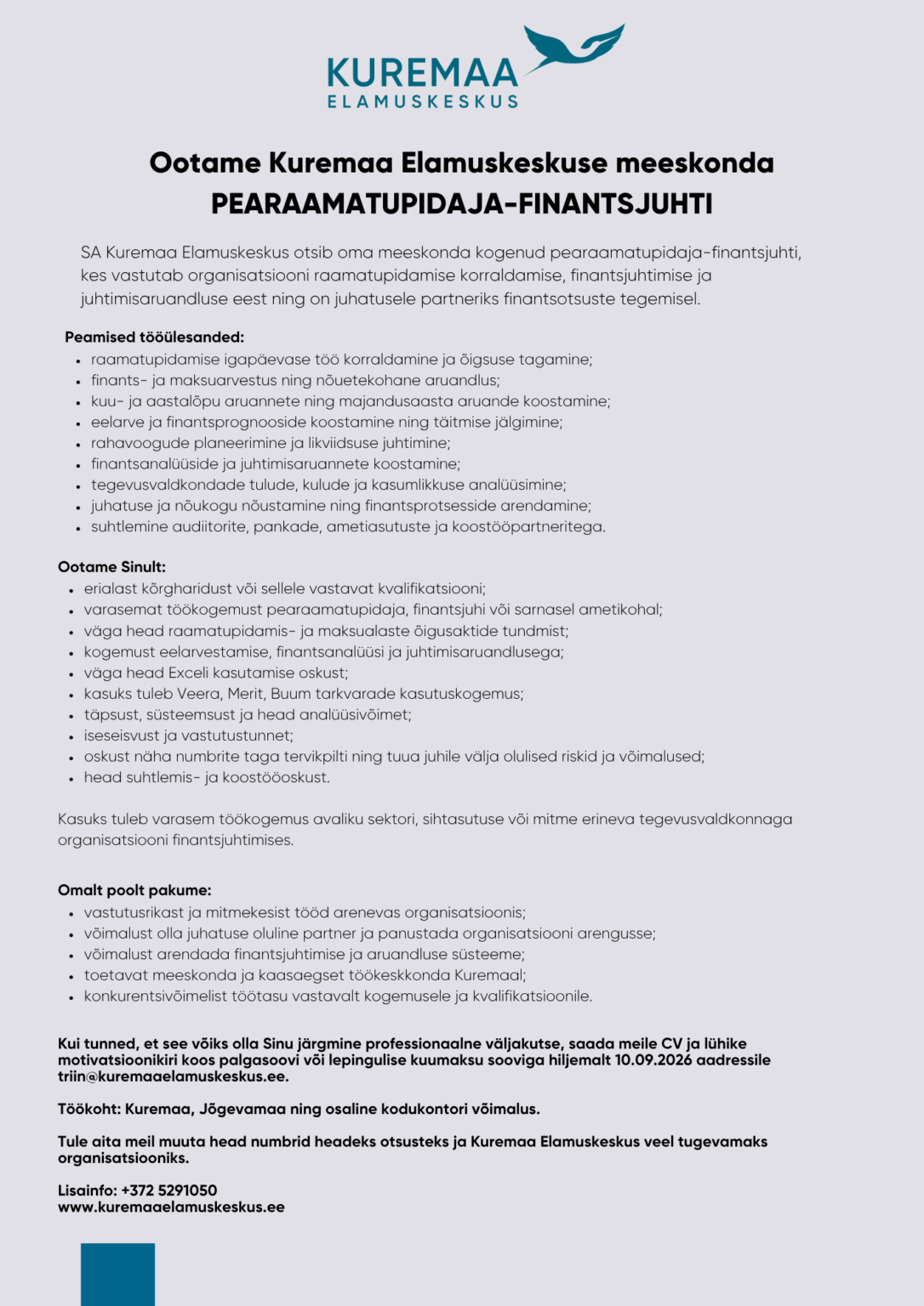 Töökuulutus - Kuremaa Elamuskeskus - Pearaamatupidaja-finantsjuht
